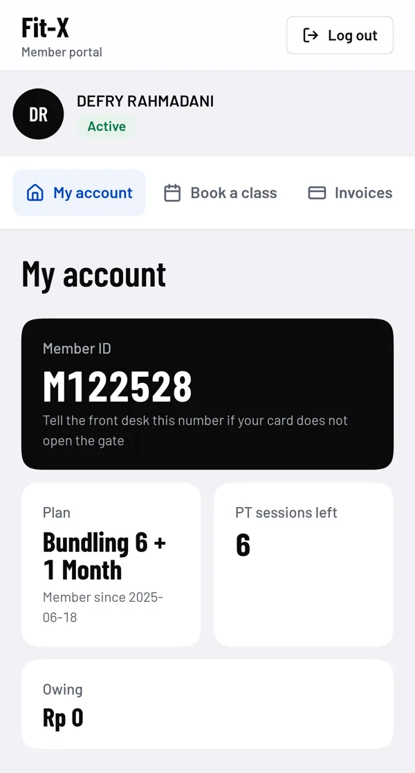 The Fitness App member portal on a phone showing the member ID, plan and PT sessions left