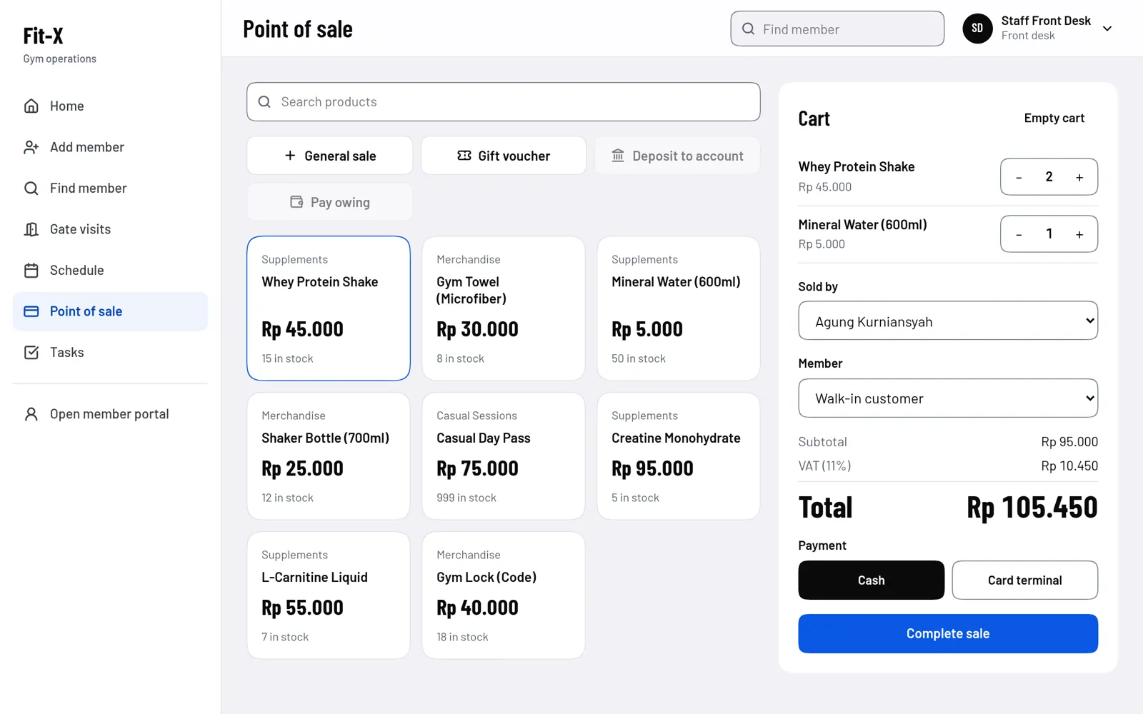 The Fitness App point of sale with products, a cart of three items and the VAT worked out